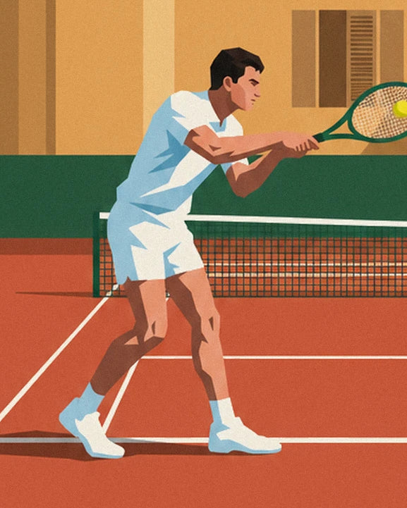 The player in white preparing a backhand on the red clay court