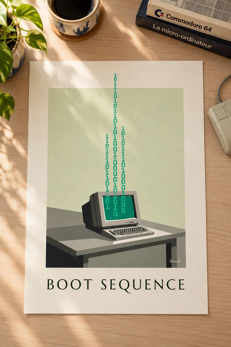 Poster of a monochrome-screen computer and binary code: resting on a table