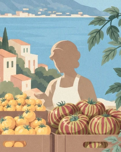 La marchande en tablier blanc derrière les tomates jaunes et rayées, face à la mer