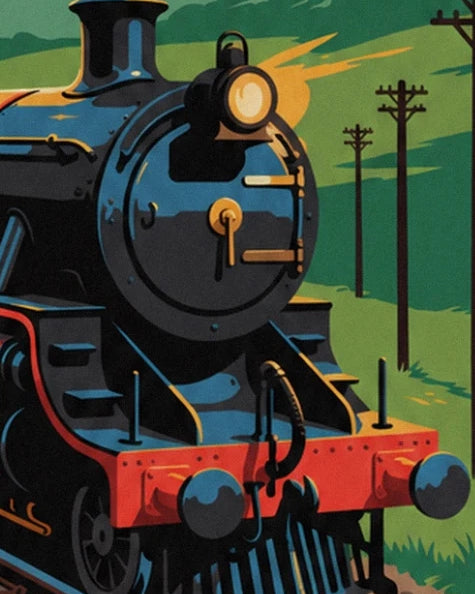 The front of the locomotive, its gold headlamp and its red buffer beam with black buffers