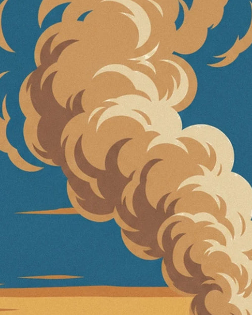 The plume of smoke with ochre and cream swirls against the blue sky