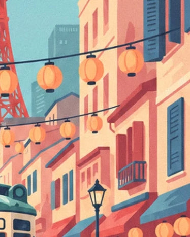 Les façades roses aux volets bleus, le petit balcon et les lanternes suspendues