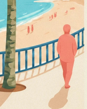 A figure seen from behind in a coral outfit on the promenade, near a palm tree