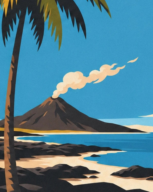 The smoking volcano beside the blue ocean, behind the black rocks and palm tree