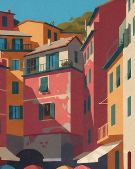 Pink and ochre façades with green shutters, balconies and pale awnings