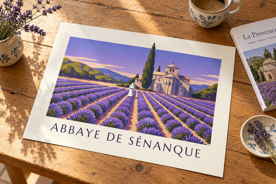Affiche moine marchant dans la lavande de l'abbaye de Sénanque : posée sur une table