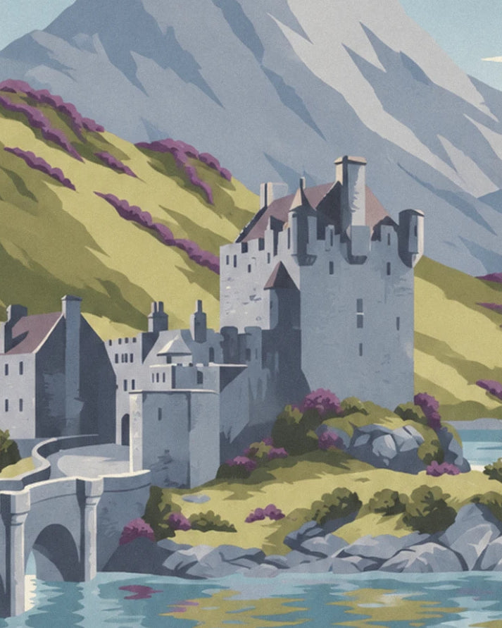 Le château de pierre grise et ses tourelles, adossé à la colline de bruyère violette