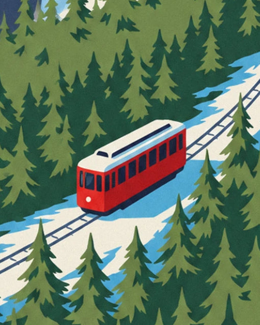 The red and white tram travelling down its snowy track between fir trees