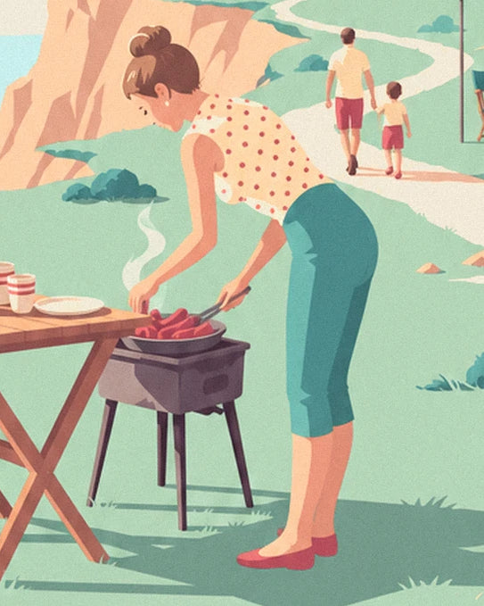 The pin-up in turquoise trousers in front of her barbecue, near the wooden table
