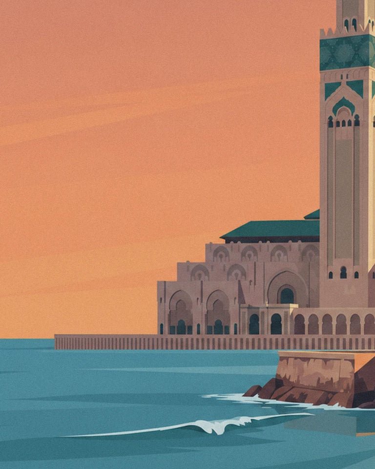 Affiche mosquée Hassan II face à l'océan au coucher du soleil : détail en gros plan