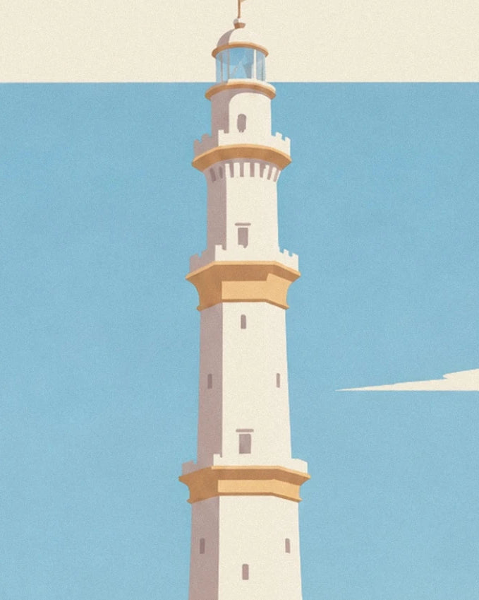 The lighthouse of Alexandrie with its cream and ochre tiers against a blue sky