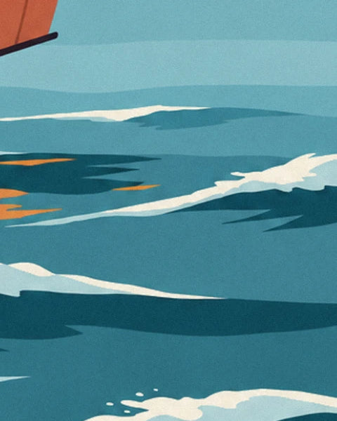 White crests on a teal sea, with orange reflections from the sail