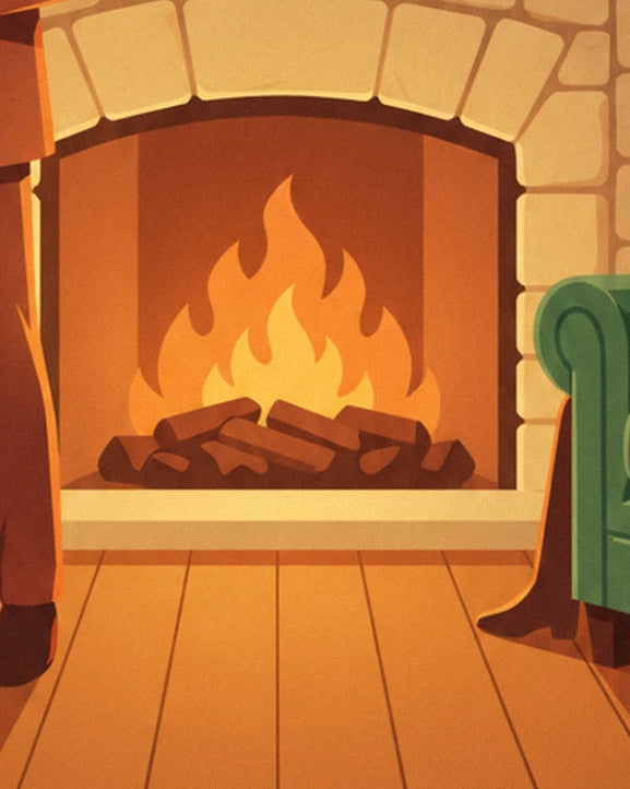Le feu qui crépite dans la cheminée en pierre, sur un parquet doré, près d'un fauteuil vert