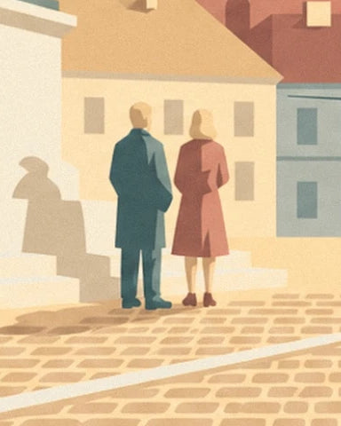 A couple seen from behind in blue and red coats on the cobbled square in Zagreb