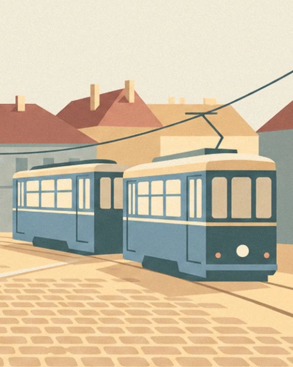 The tram’s 2 blue carriages, their overhead wires and the golden cobblestones of Zagreb