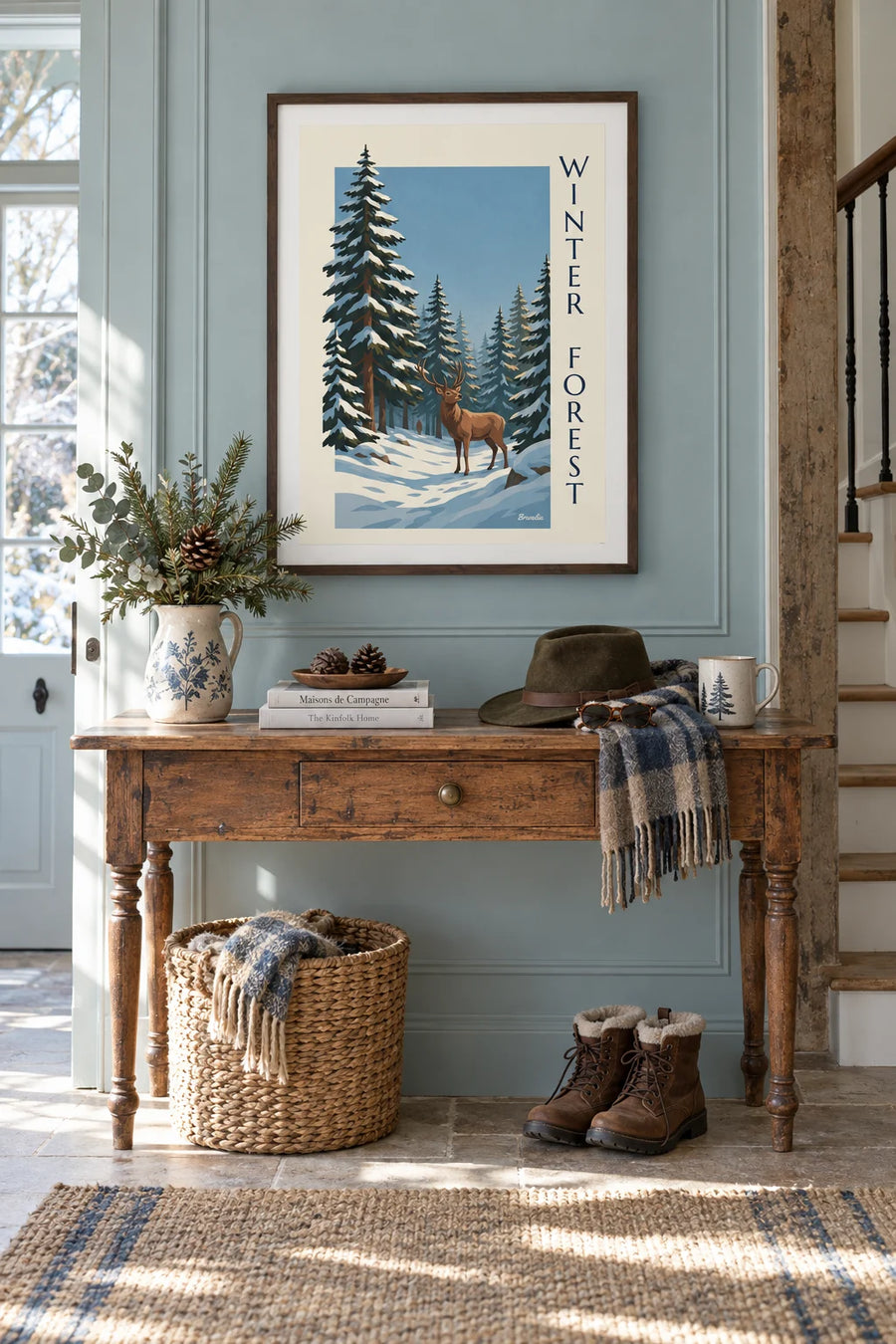Poster of a stag in a snowy fir forest: framed on the wall