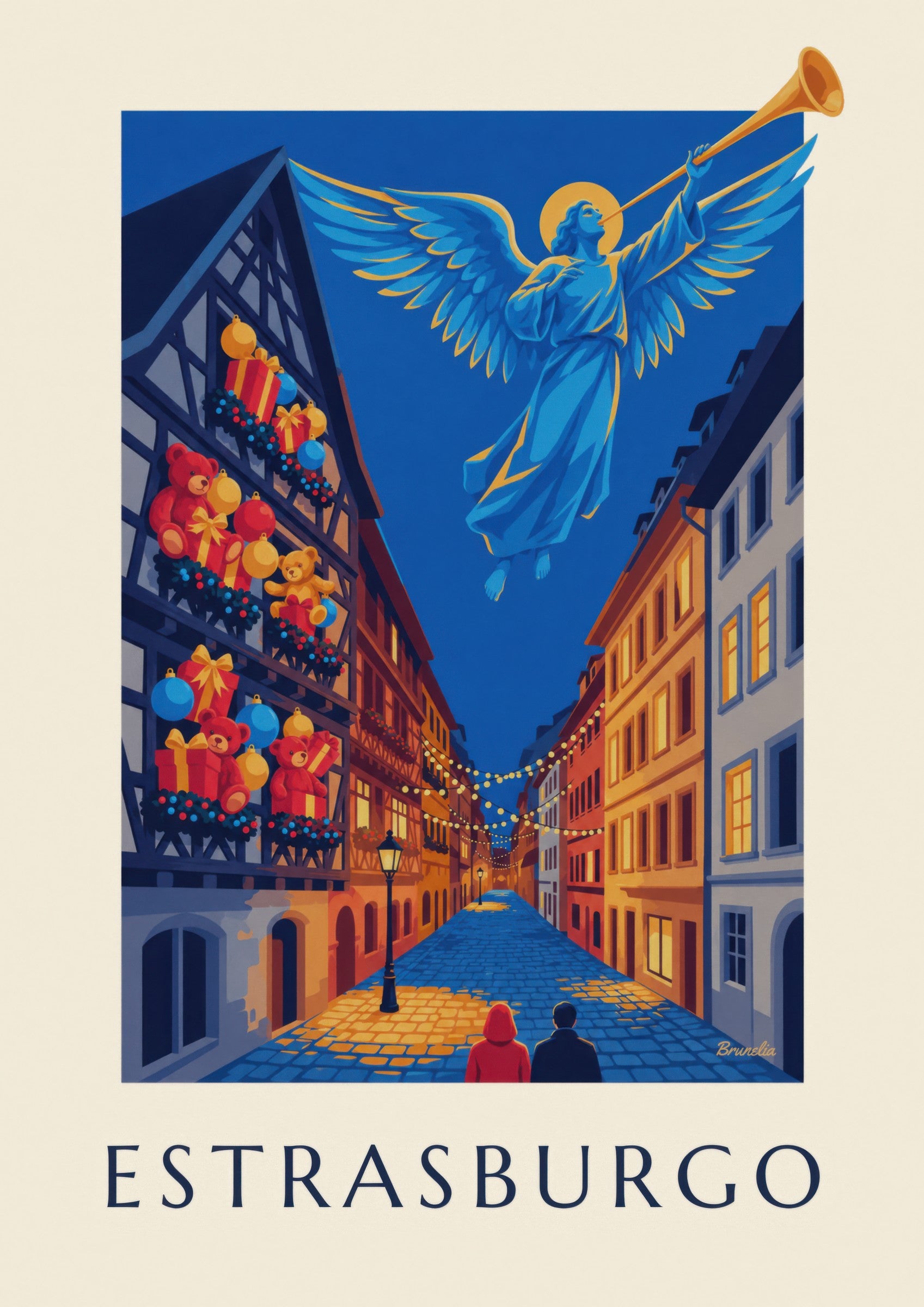 Strasbourg at Christmas print with glowing angel (title ESTRASBURGO): close-up detail
