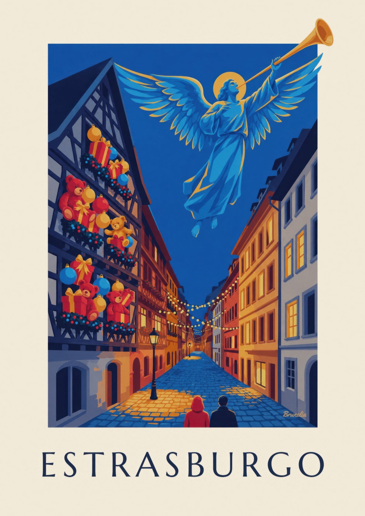 Strasbourg at Christmas print with glowing angel (title ESTRASBURGO)