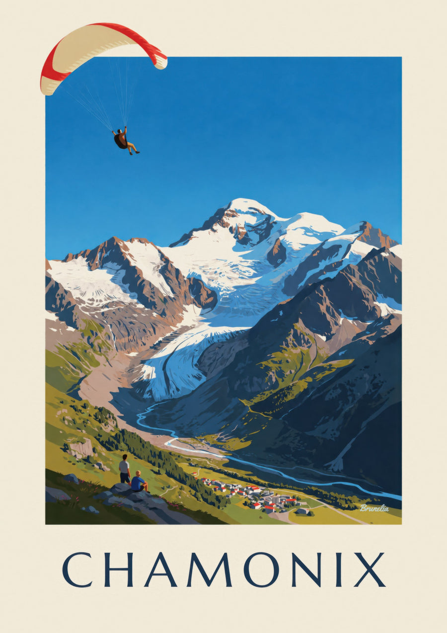 Paragliding in Chamonix and Mont Blanc print