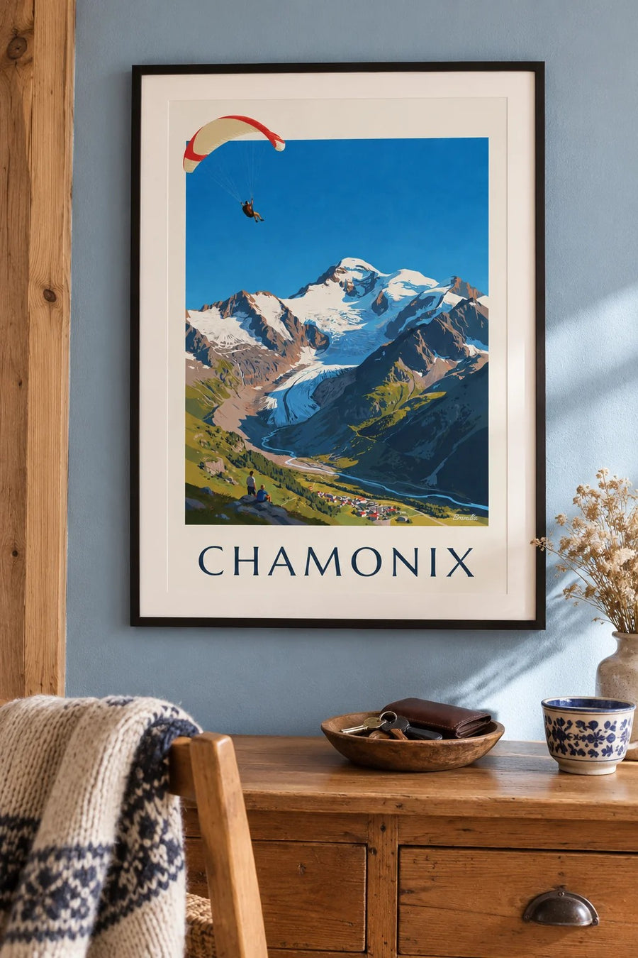 Paragliding in Chamonix and Mont Blanc print : framed on the wall