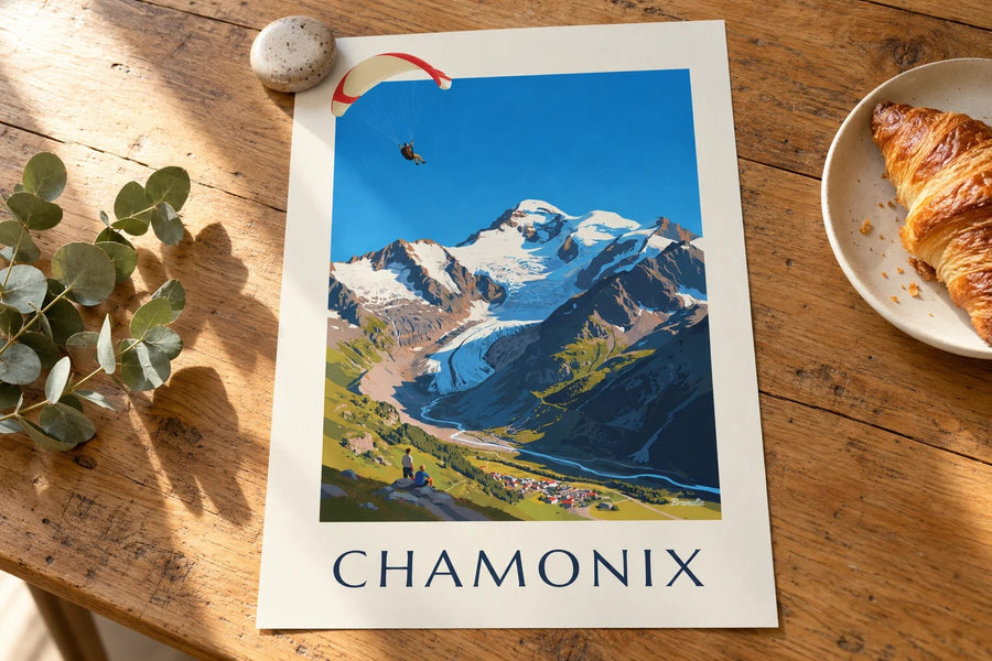 Paragliding in Chamonix and Mont Blanc print : standing on a table