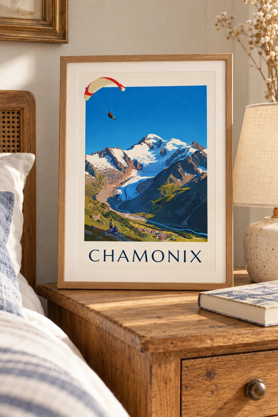 Paragliding in Chamonix and Mont Blanc print : small A4 size, framed
