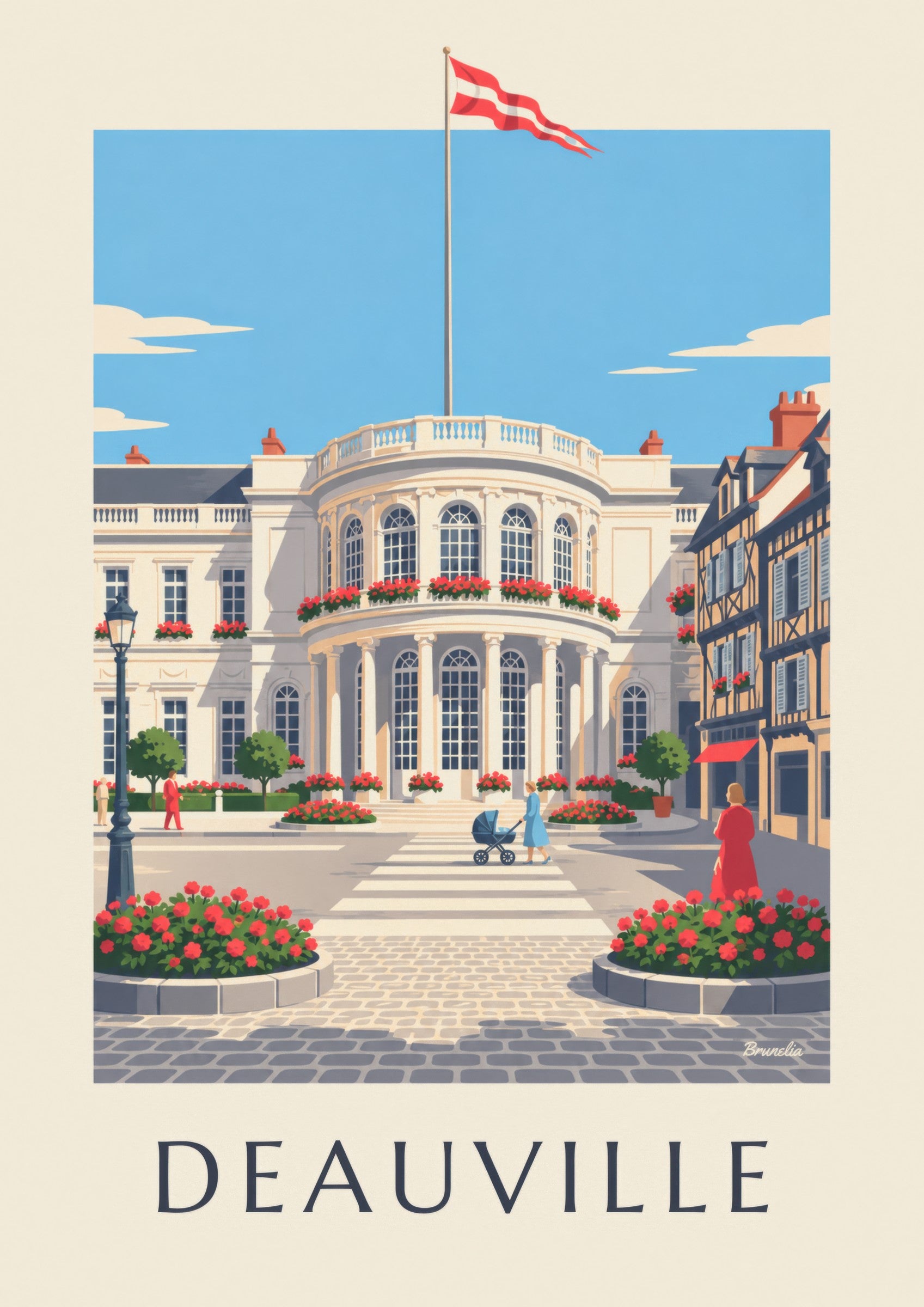 Affiche Deauville casino blanc et géraniums: close-up detail