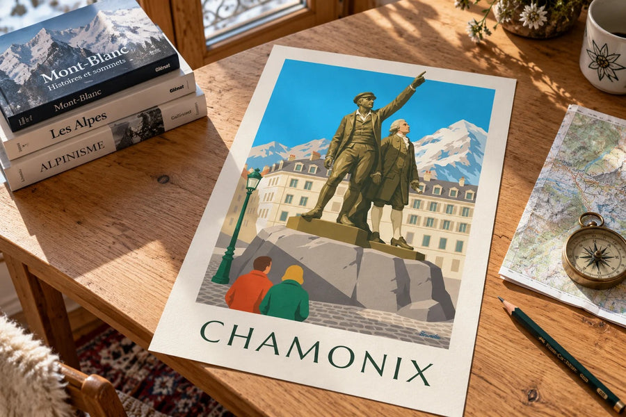 Affiche statue de Balmat et Saussure à Chamonix : posée sur une table
