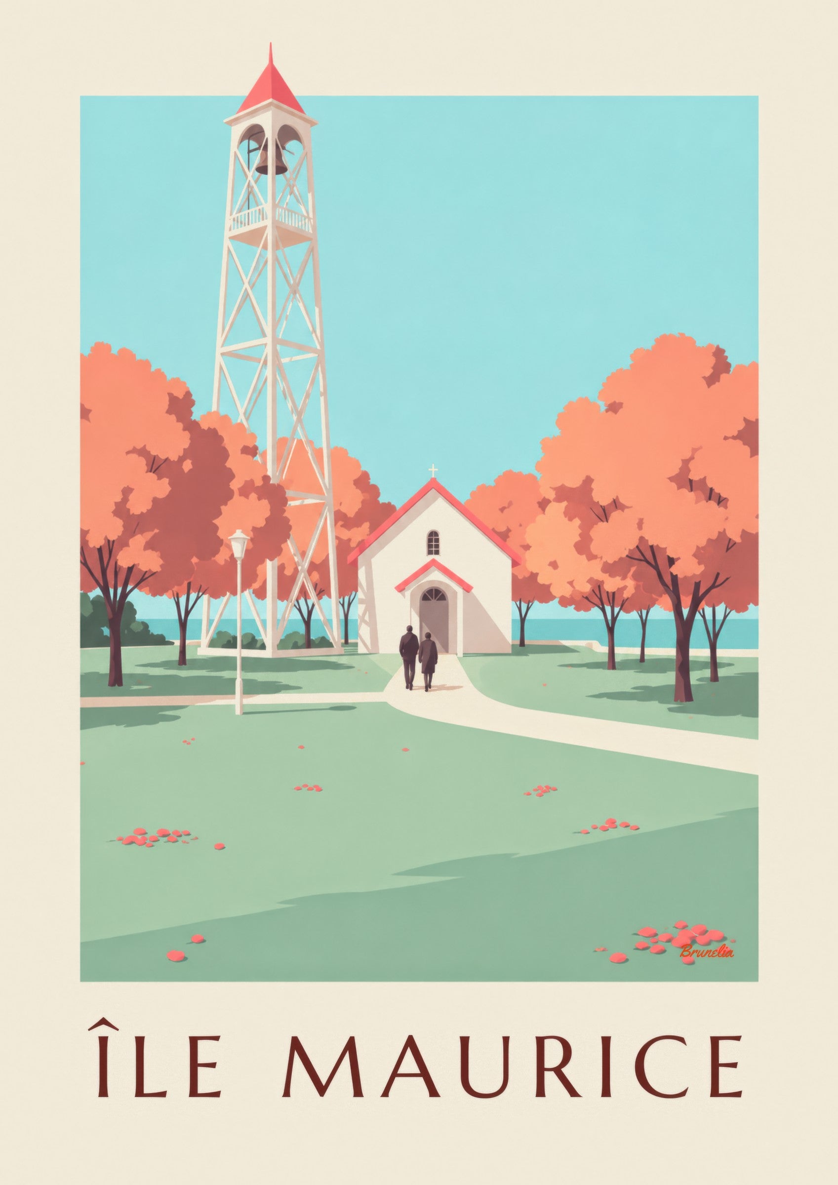 Mauritius red-roofed church poster (ÎLE MAURICE title): close-up detail