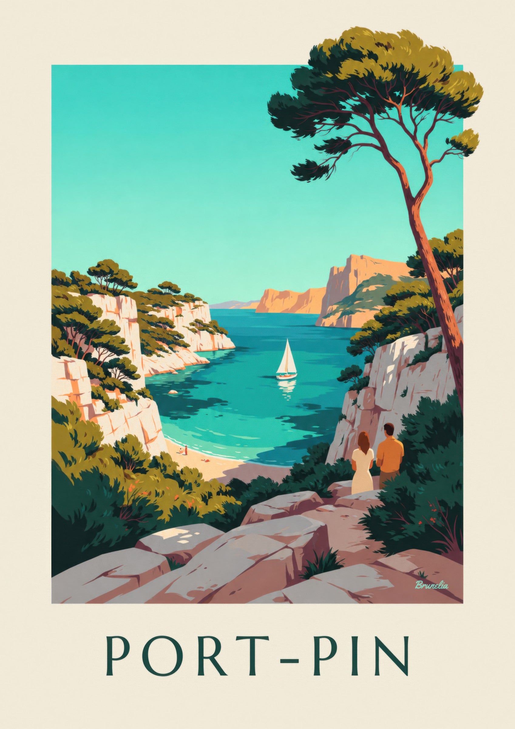 Affiche calanque de Port-Pin et voilier: close-up detail