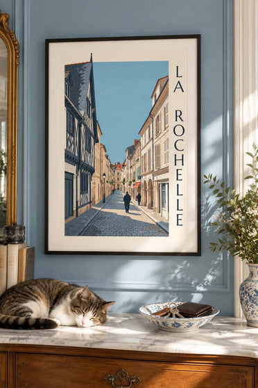La Rochelle half-timbered house poster : framed on the wall