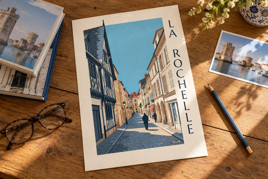 La Rochelle half-timbered house poster : standing on a table