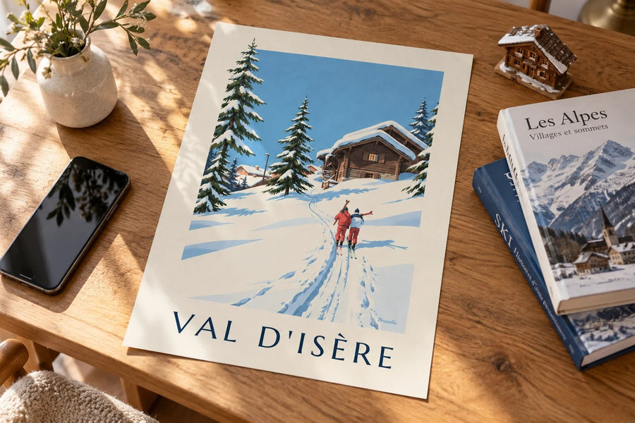 Affiche Val d'Isère, skieurs dans la neige : posée sur une table