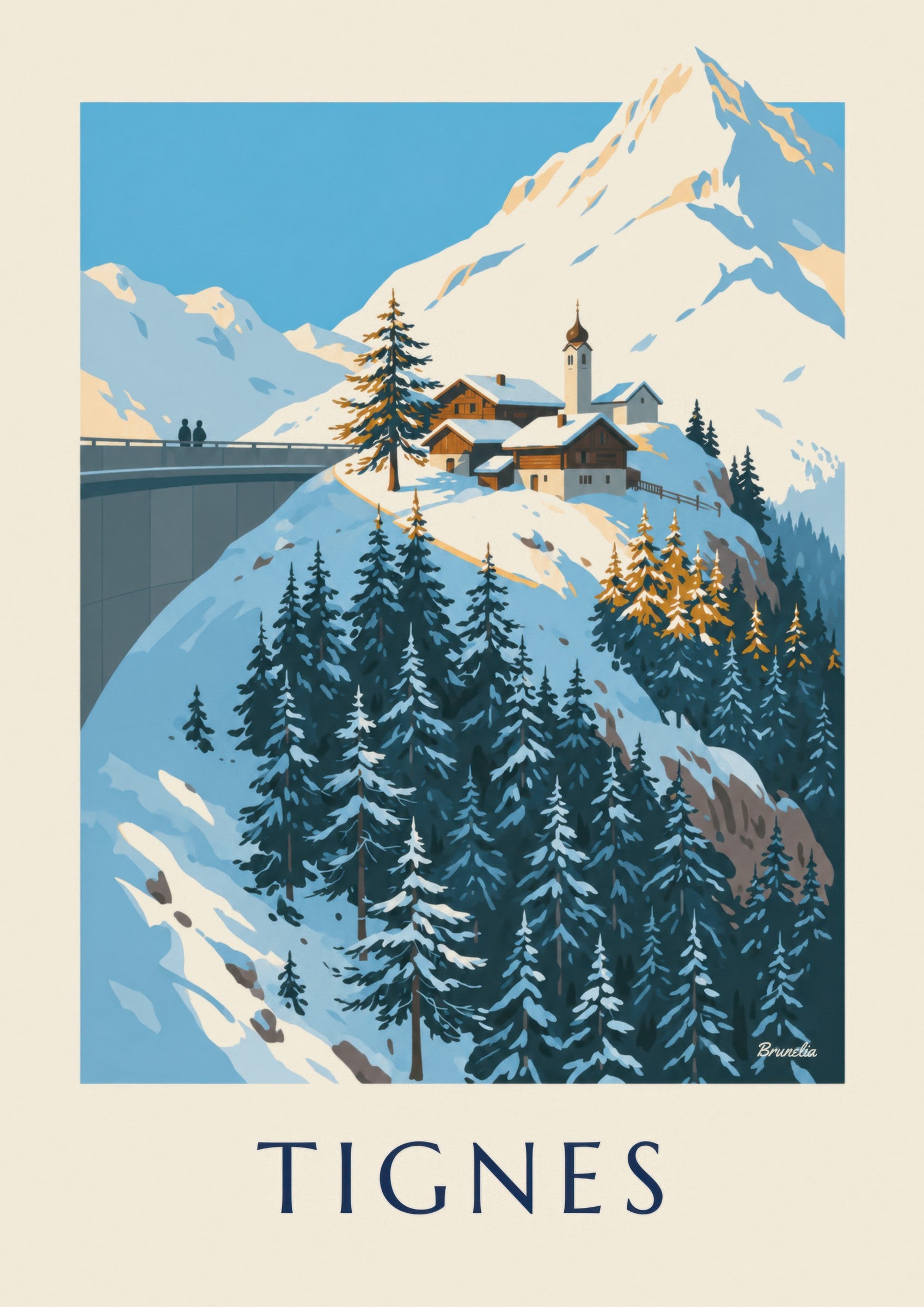 Tignes 1800 and its steeple in winter poster: close-up detail