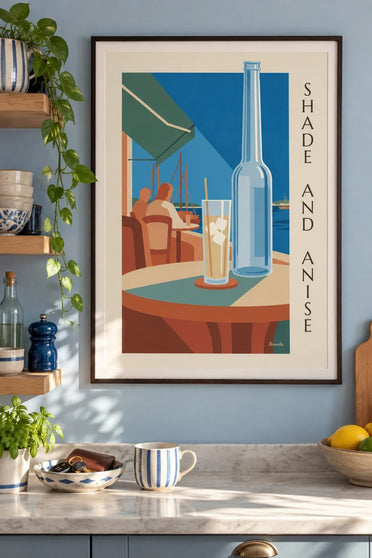 Pastis and water carafe harbour poster : framed on the wall