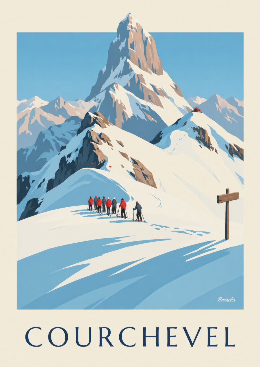 Courchevel poster, skiers facing Vanoise