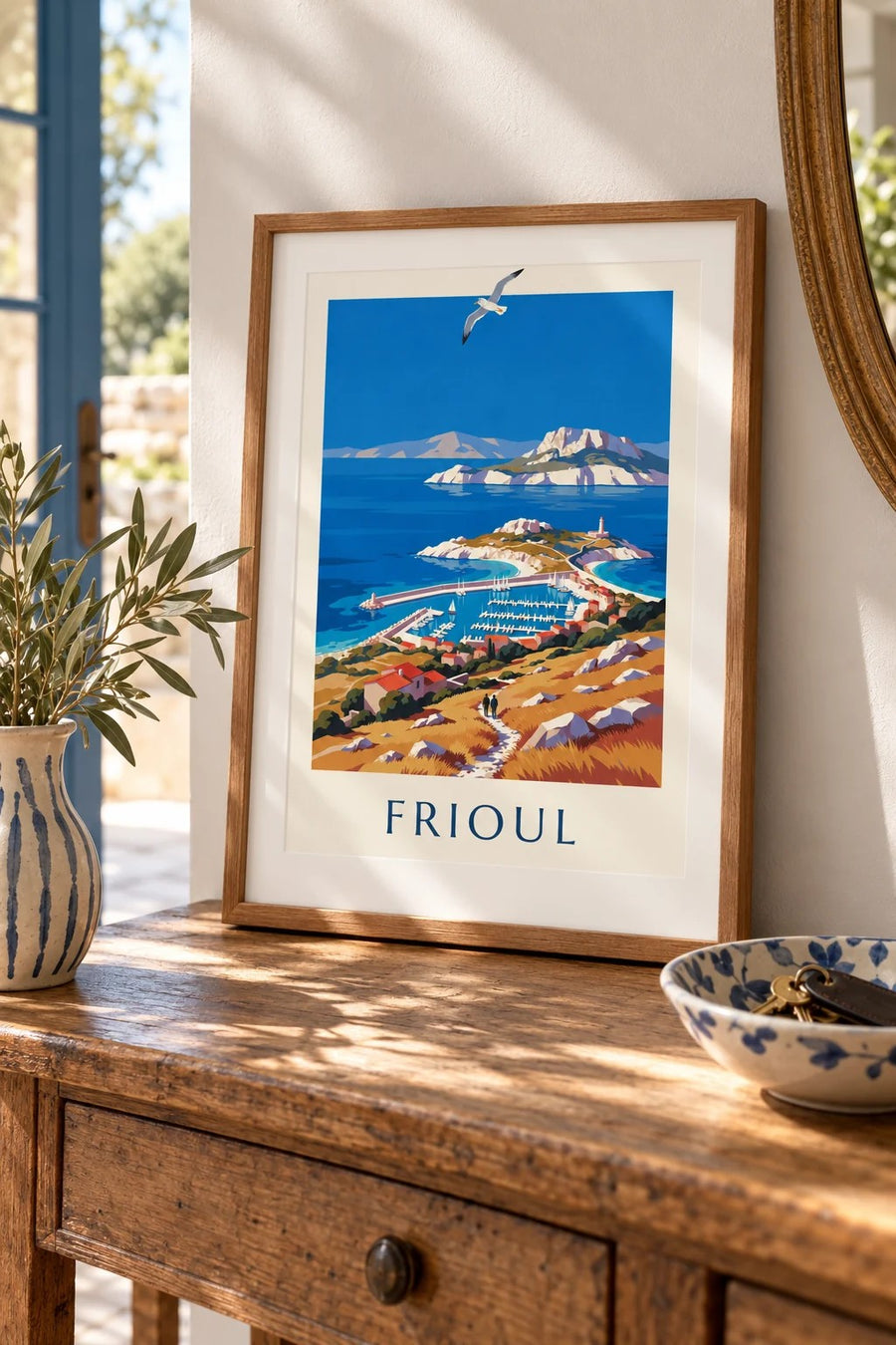 Affiche port des îles du Frioul à Marseille : petit format A4 encadré