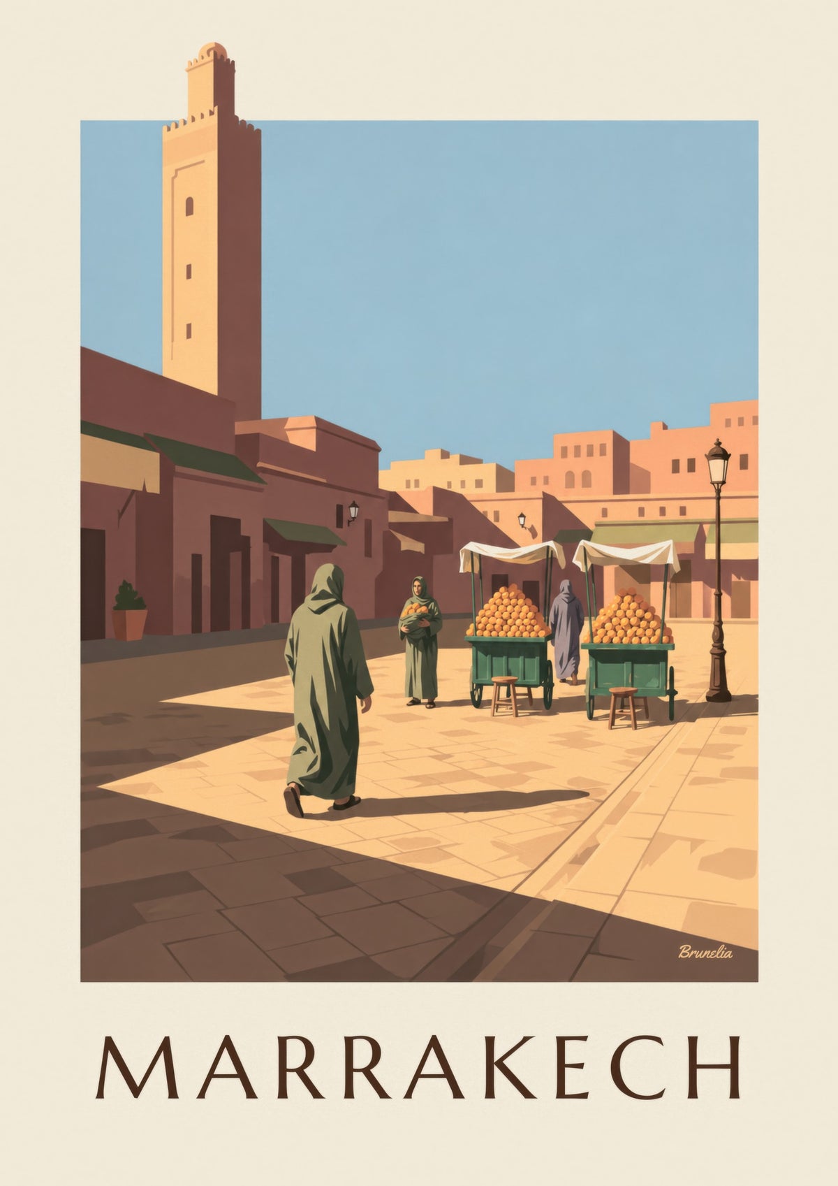 Jemaa el-Fna Marrakech poster with orange stalls