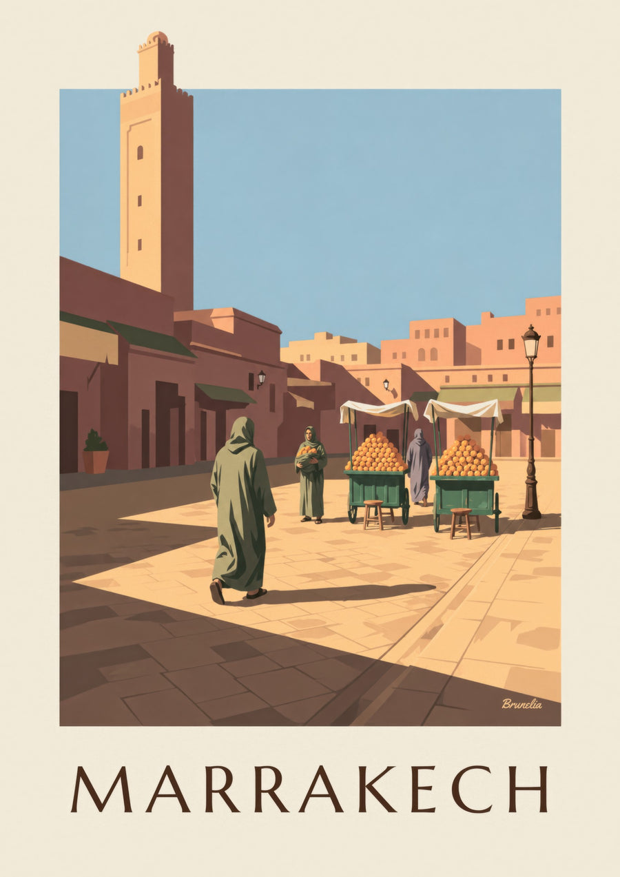 Jemaa el-Fna Marrakech poster with orange stalls