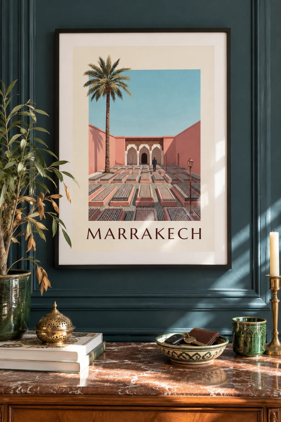 Marrakech Saadian Tombs arches and zellige poster : framed on the wall