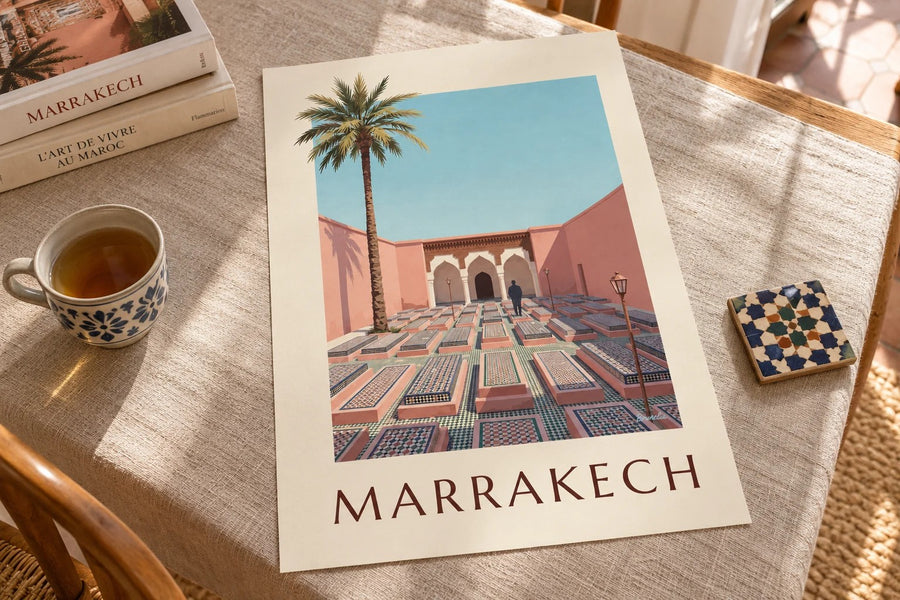 Marrakech Saadian Tombs arches and zellige poster : standing on a table