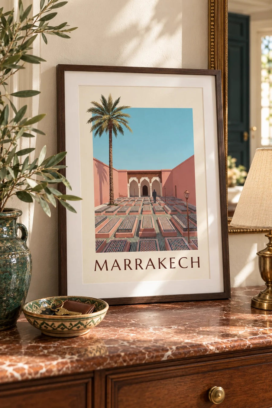 Marrakech Saadian Tombs arches and zellige poster : small A4 size, framed