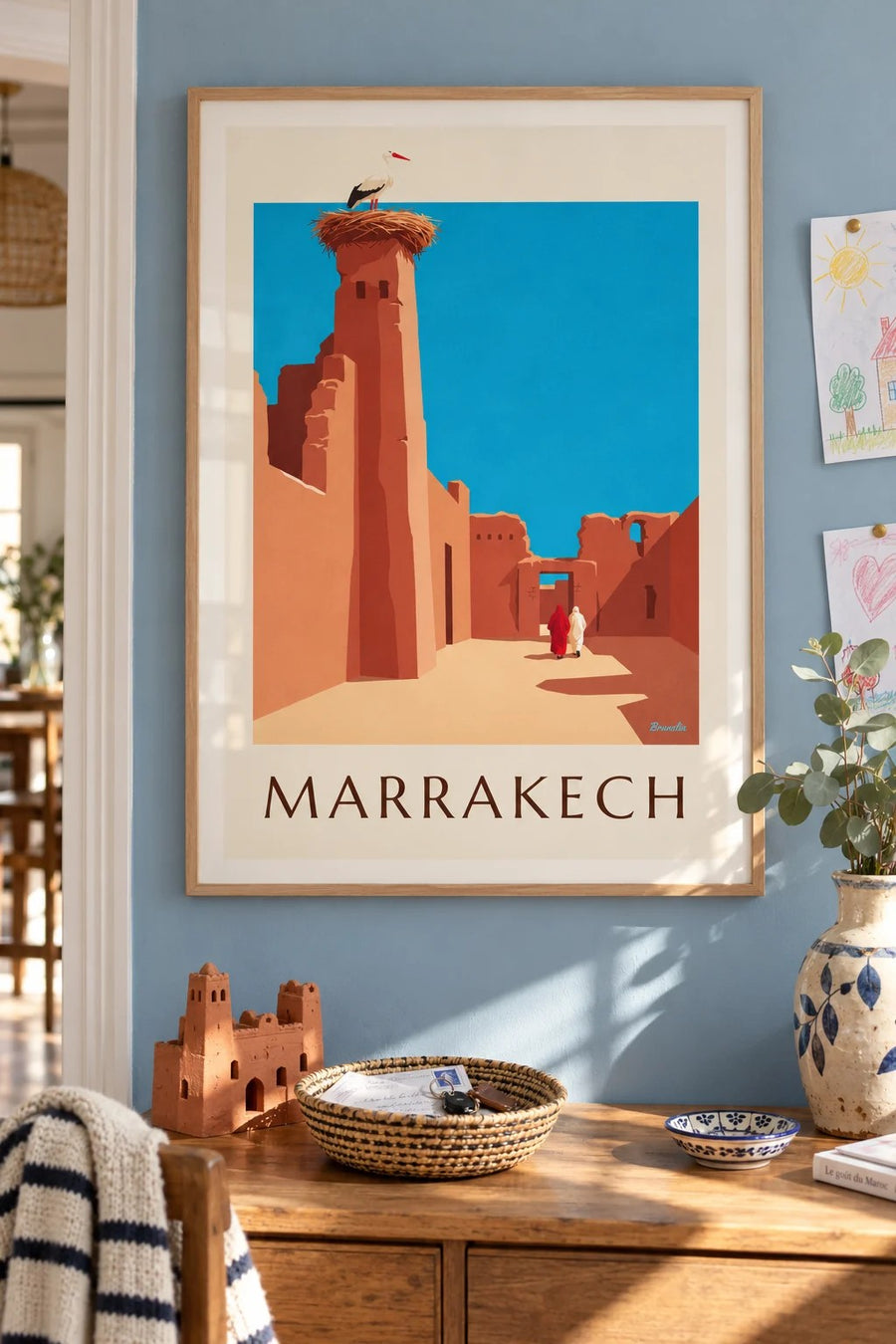Stork on El Badi Palace ramparts poster : framed on the wall