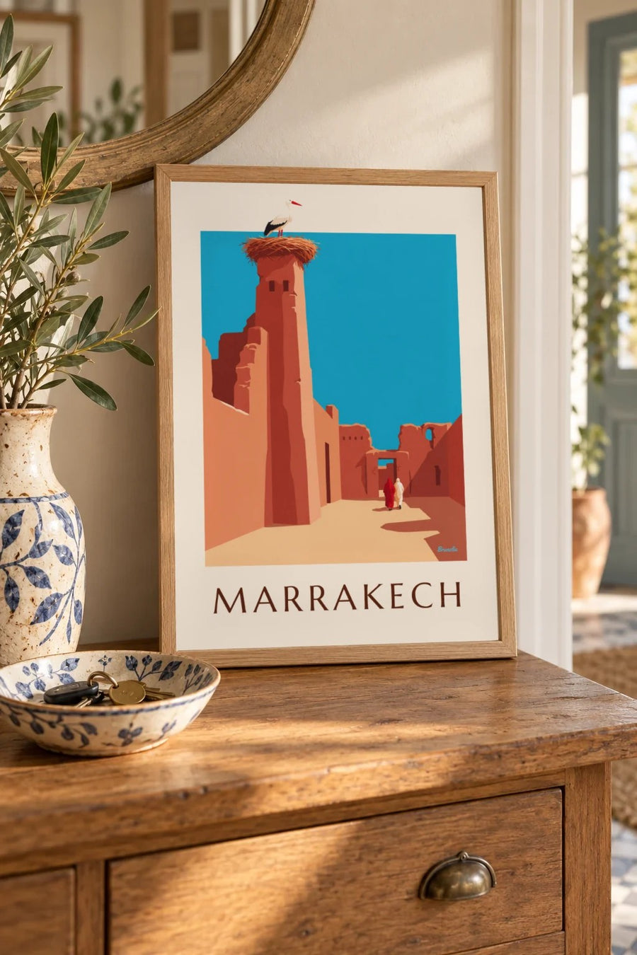 Stork on El Badi Palace ramparts poster : small A4 size, framed