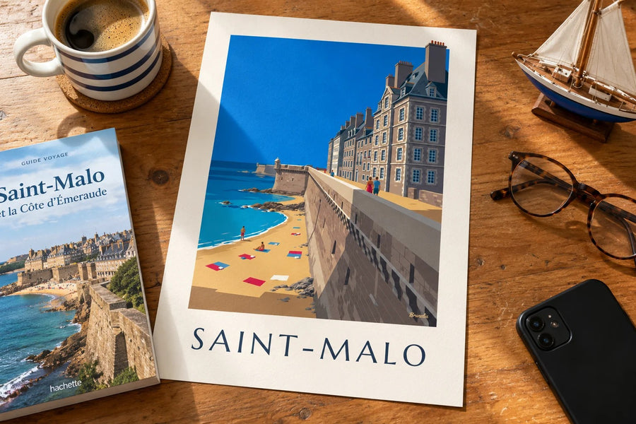 Saint-Malo ramparts and beach poster : standing on a table