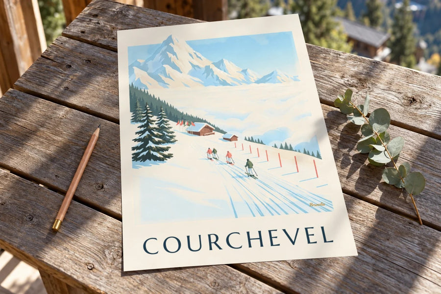 Courchevel ski slopes facing Mont Blanc poster : standing on a table