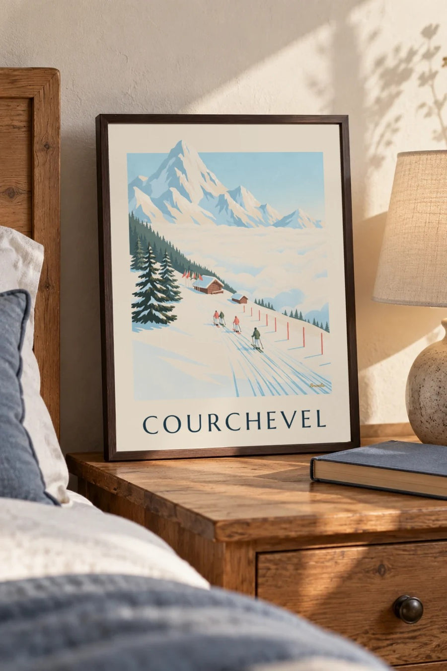 Courchevel ski slopes facing Mont Blanc poster : small A4 size, framed