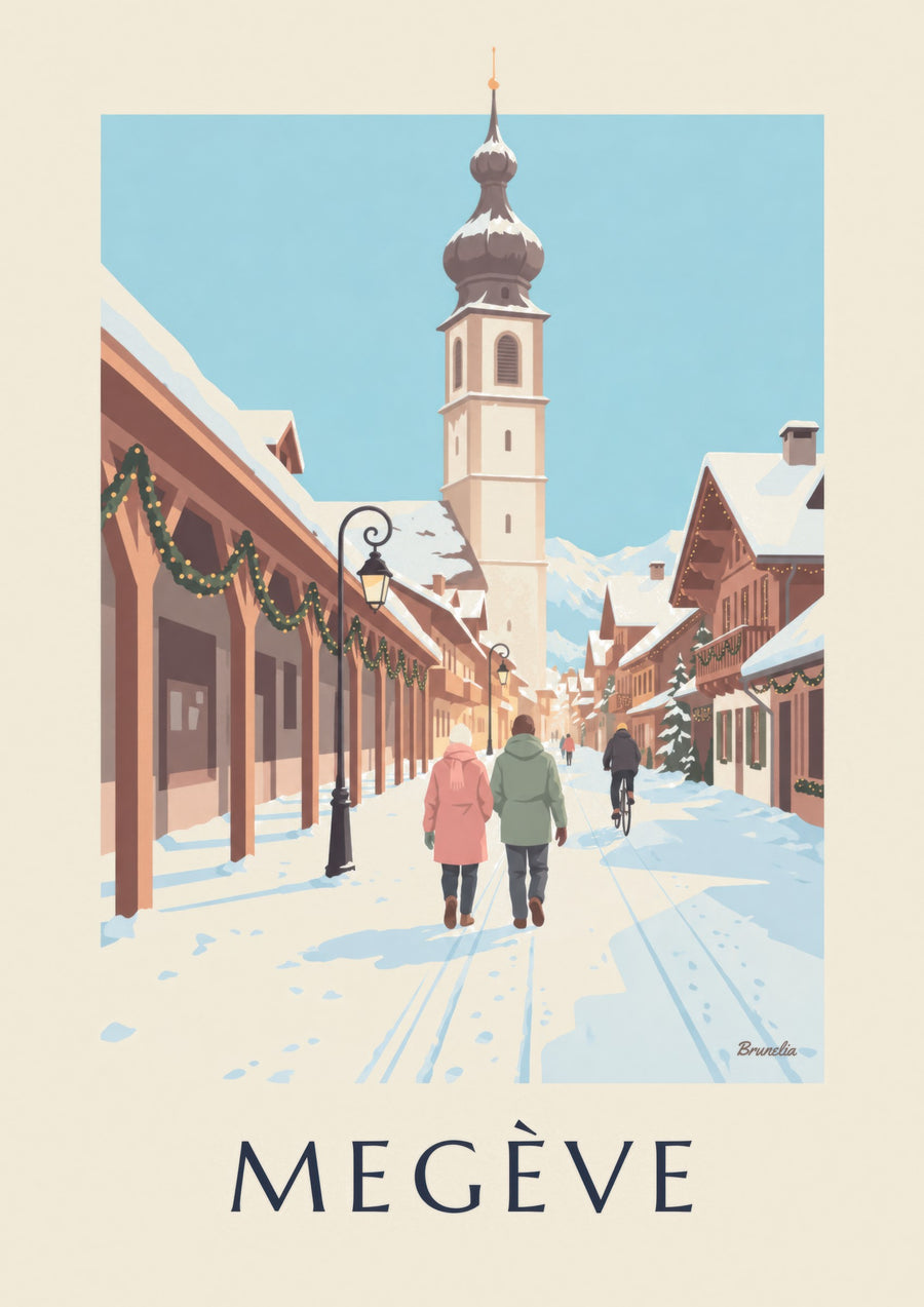 Megève pedestrian street and bell tower poster