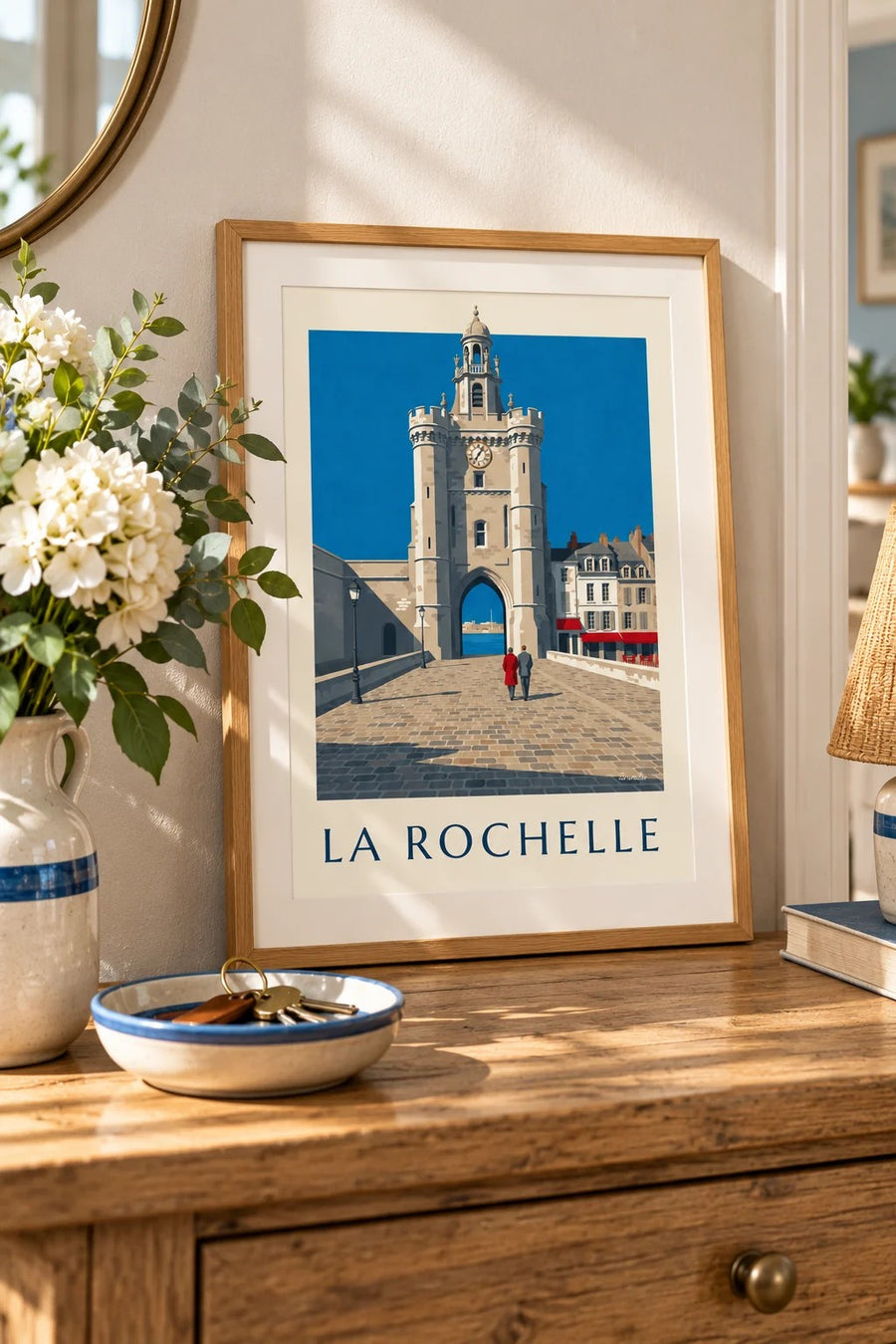Affiche porte de la Grosse Horloge à La Rochelle : petit format A4 encadré