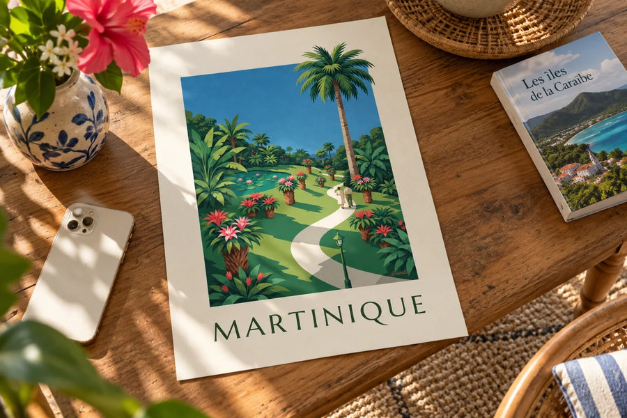 Affiche Martinique, jardin de Balata et broméliacées : posée sur une table